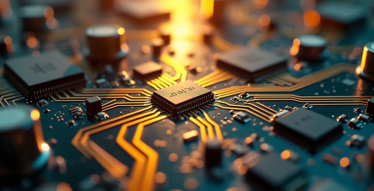Vue macro de circuits électriques dorés avec différentes connexions représentant les besoins énergétiques interconnectés d'une maison