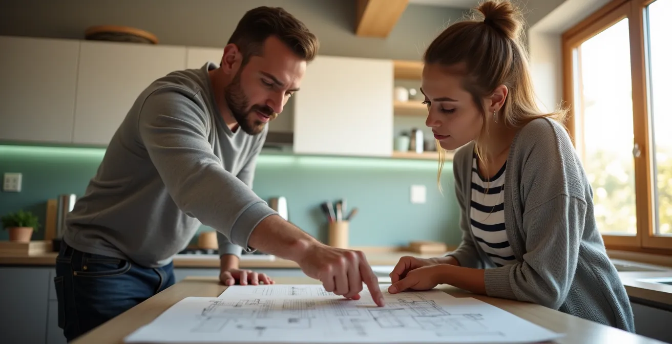 Discussion professionnelle entre installateur et client autour de plans techniques