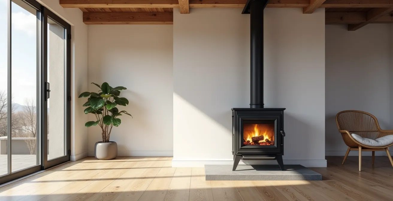 Vue d'ensemble d'un salon moderne avec poêle à bois installé et conduit apparent