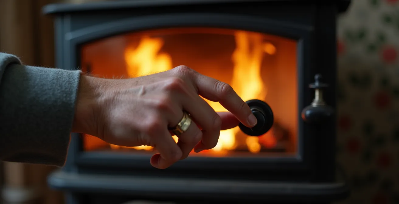 Gros plan sur une main masculine ajustant la manette de réglage d'air d'un poêle à bois en fonte
