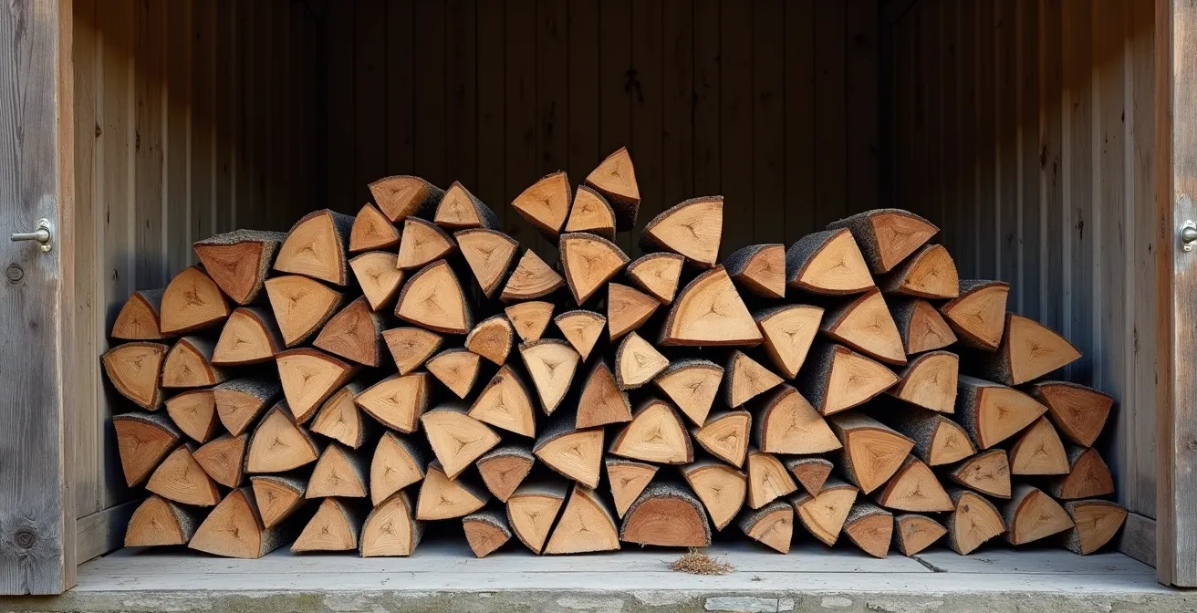 Pile de bûches de bois empilées montrant les anneaux de croissance et les textures naturelles du bois sec