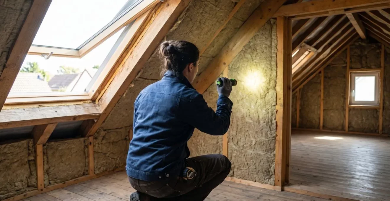 Artisan vu de profil inspectant l'isolation de combles perdus à l'aide d'une lampe torche, laine minérale visible au sol, lumière naturelle provenant d'une lucarne