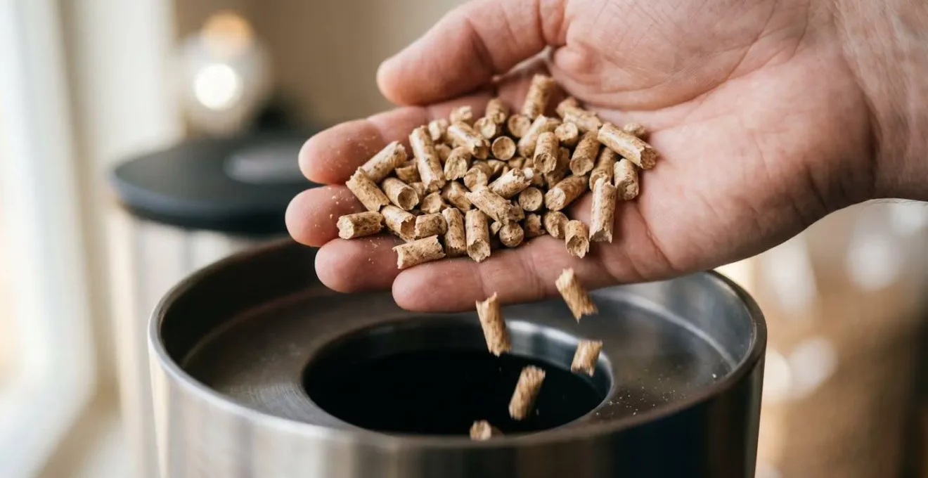 Gros plan sur des granulés de bois pellets tombant dans une main, texture naturelle du bois visible en détail avec un léger flou d'arrière-plan