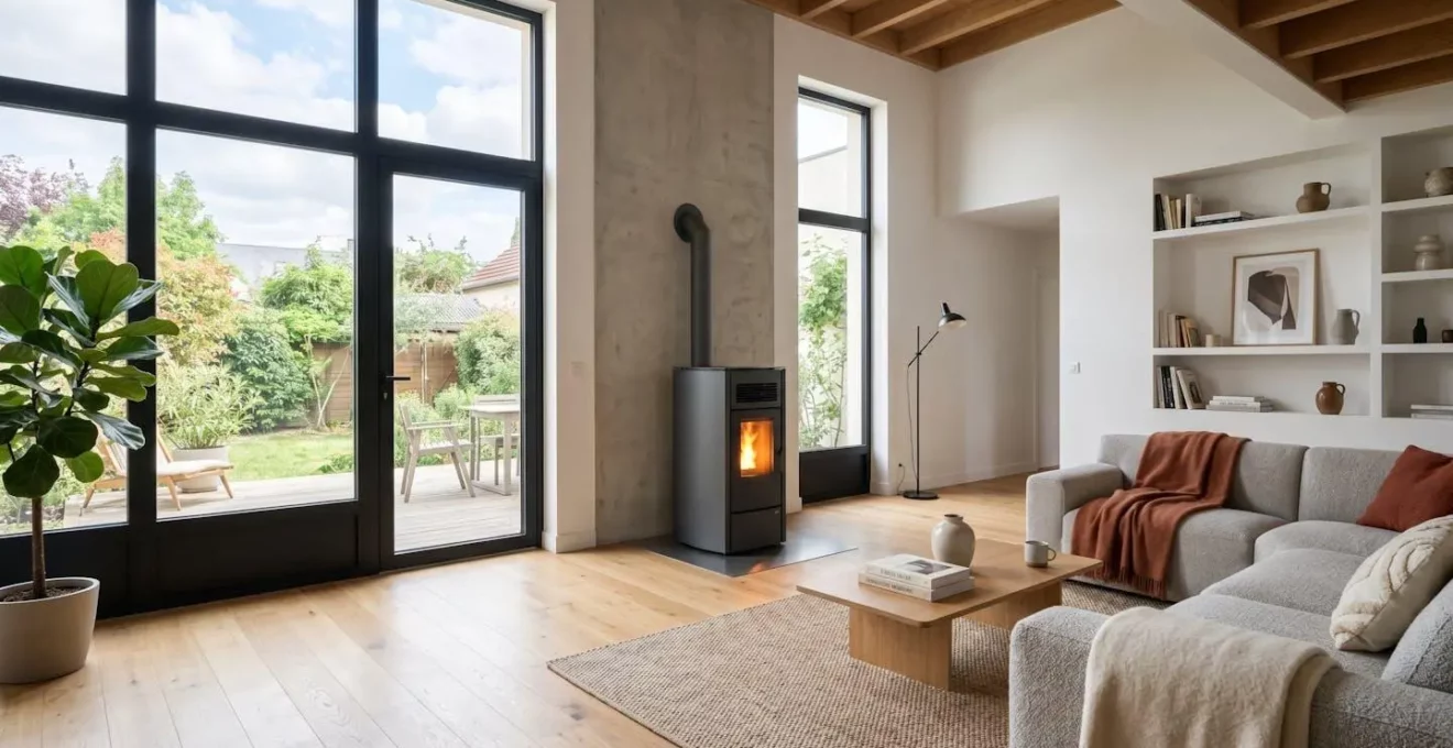 Intérieur d'un salon contemporain lumineux avec poêle à granulés moderne visible au centre de la pièce, grandes fenêtres laissant entrer la lumière naturelle