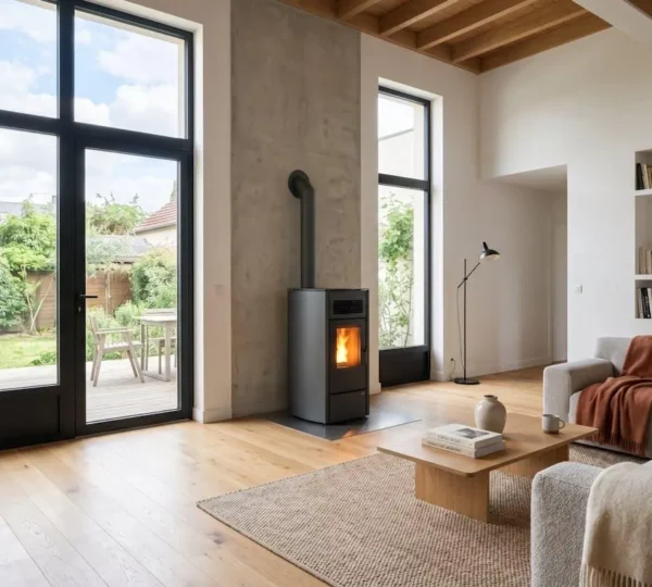 Intérieur d'un salon contemporain lumineux avec poêle à granulés moderne visible au centre de la pièce, grandes fenêtres laissant entrer la lumière naturelle