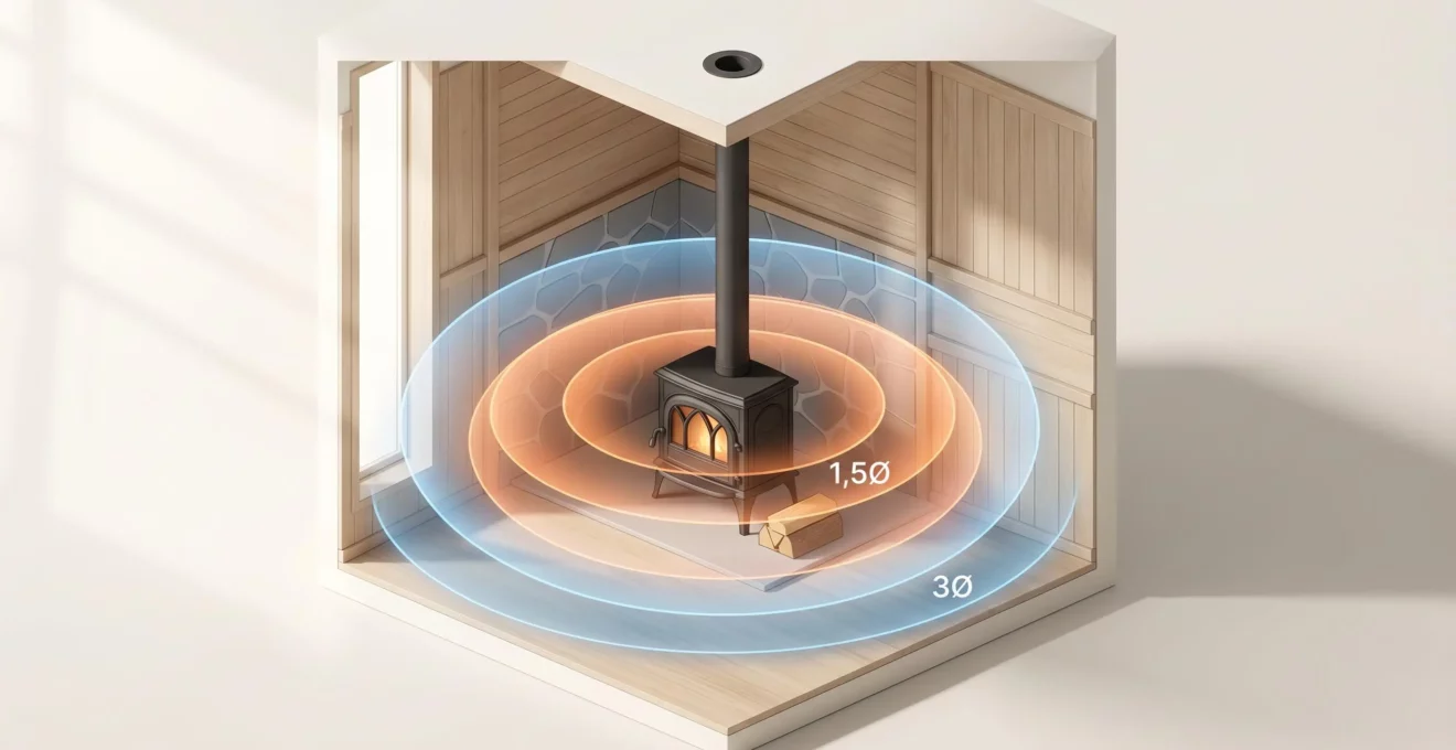Illustration en vue isométrique montrant un poêle-four au centre d'un angle de pièce, entouré de zones concentriques lumineuses colorées (orange à bleu) représentant les distances de sécurité réglementaires, avec étiquettes indiquant les multiples de diamètre