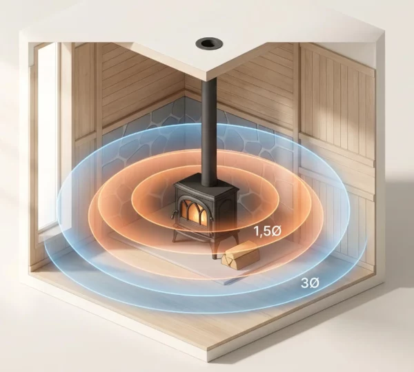 Illustration en vue isométrique montrant un poêle-four au centre d'un angle de pièce, entouré de zones concentriques lumineuses colorées (orange à bleu) représentant les distances de sécurité réglementaires, avec étiquettes indiquant les multiples de diamètre