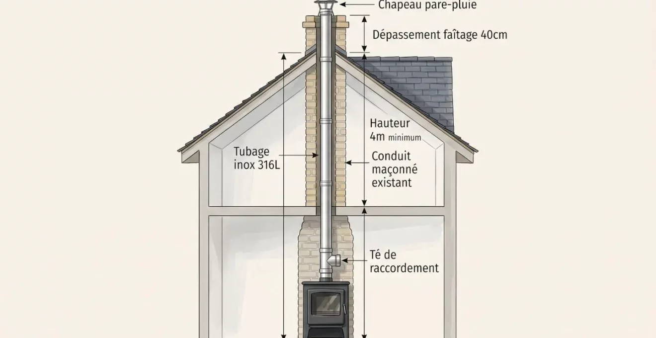 Illustration en coupe verticale d'une maison montrant l'installation complète d'évacuation d'un poêle-four : poêle au rez-de-chaussée, Té de raccordement, tubage inox à l'intérieur d'un conduit maçonné, sortie de toit avec dépassement du faîtage de 40cm et chapeau terminal, annotations des hauteurs et composants
