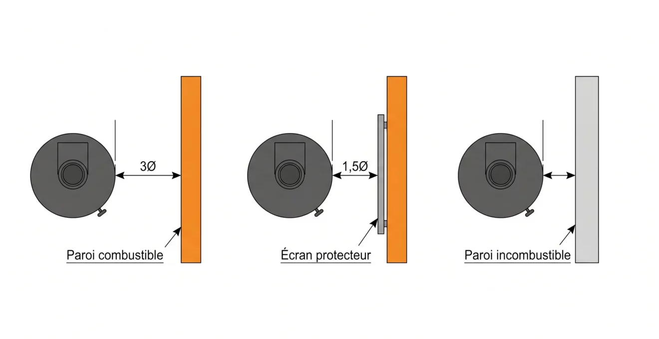 Schéma technique montrant trois configurations de dessus : poêle face à paroi combustible (distance 3Ø), poêle face à paroi protégée par écran (1,5Ø), et poêle face à paroi incombustible (distance réduite), avec lignes de cote et annotations